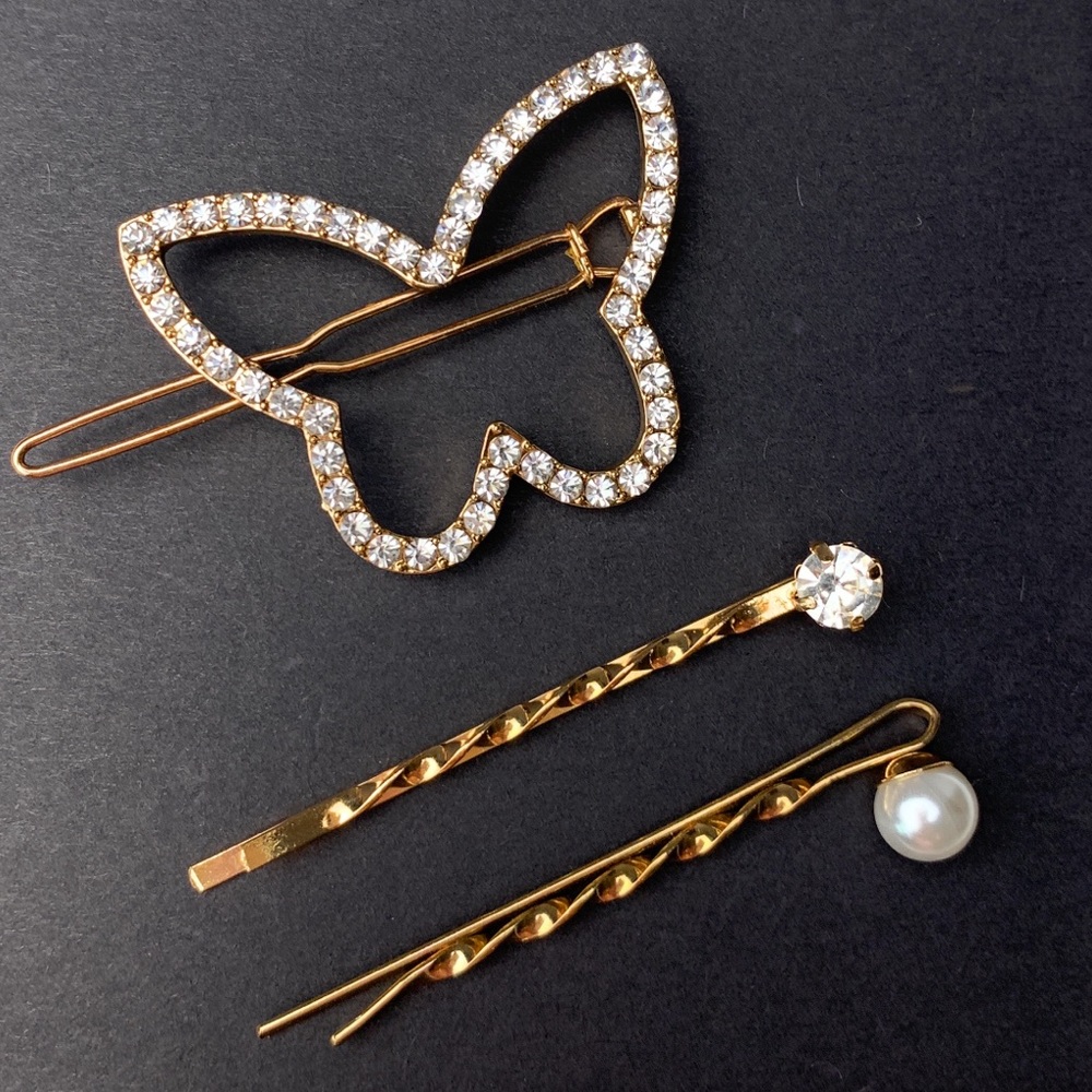 Rhinestone Butterfly & Faux Pearl Hairpins